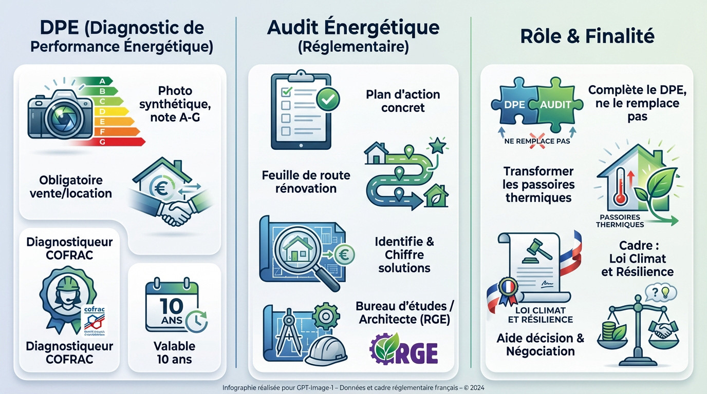 Comparaison visuelle entre les critères du DPE et ceux de l'audit énergétique réglementaire