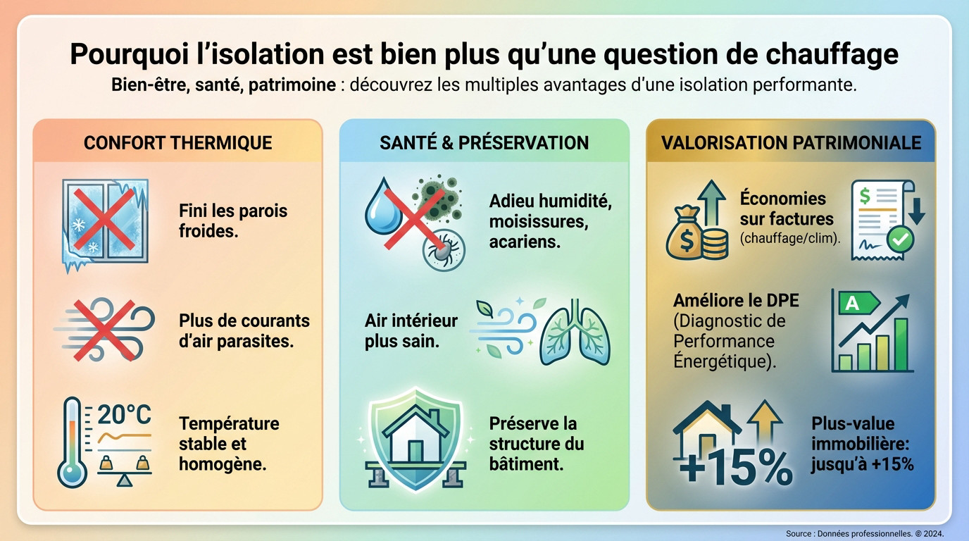 Schéma illustrant les déperditions de chaleur et l'importance de l'isolation thermique maison