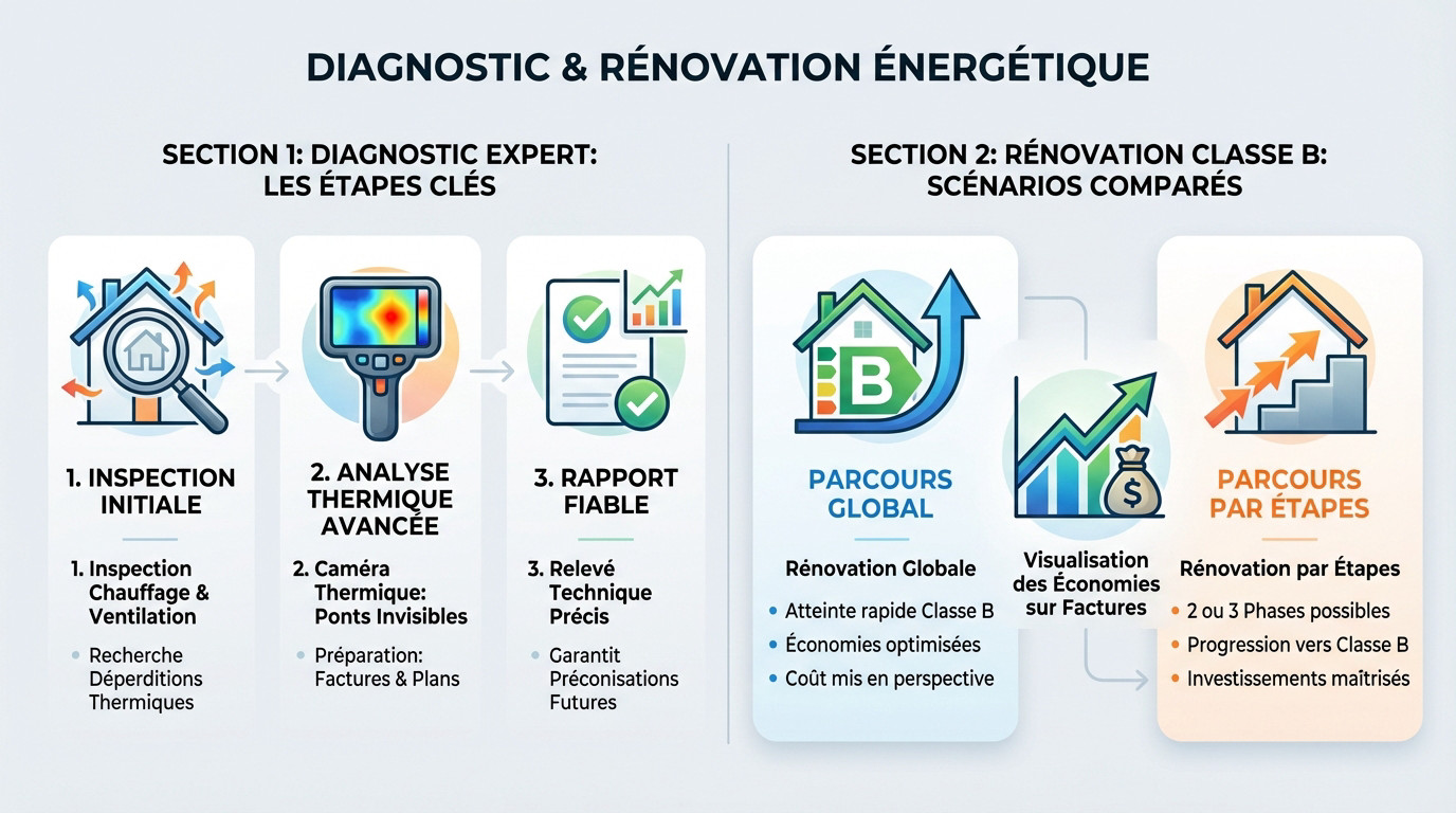 Expert réalisant un audit énergétique maison individuelle avec une caméra thermique