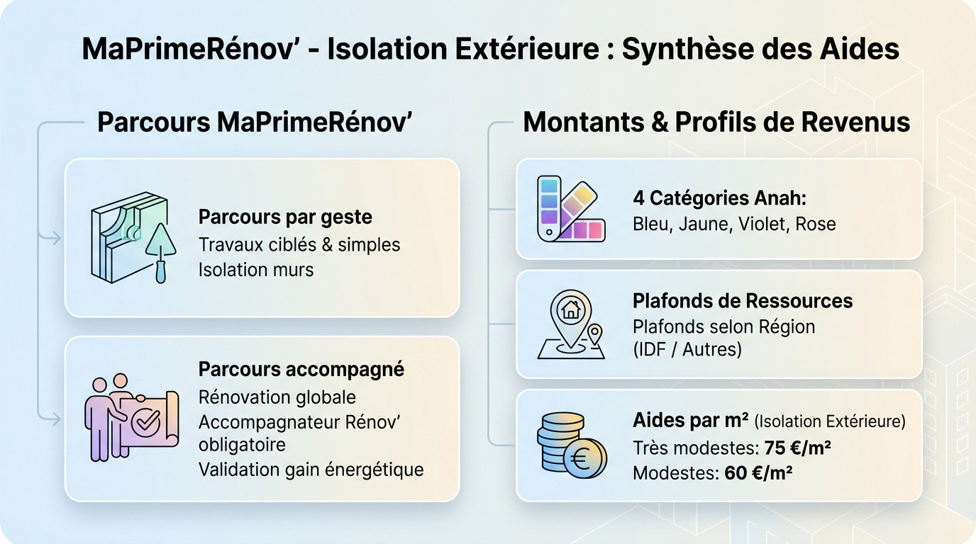 Tableau synthétique des aides MaPrimeRénov' pour l'isolation extérieure selon les revenus