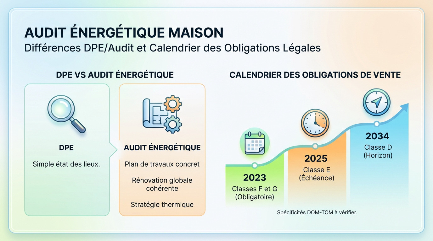 Schéma des obligations légales audit énergétique et DPE pour maison individuelle