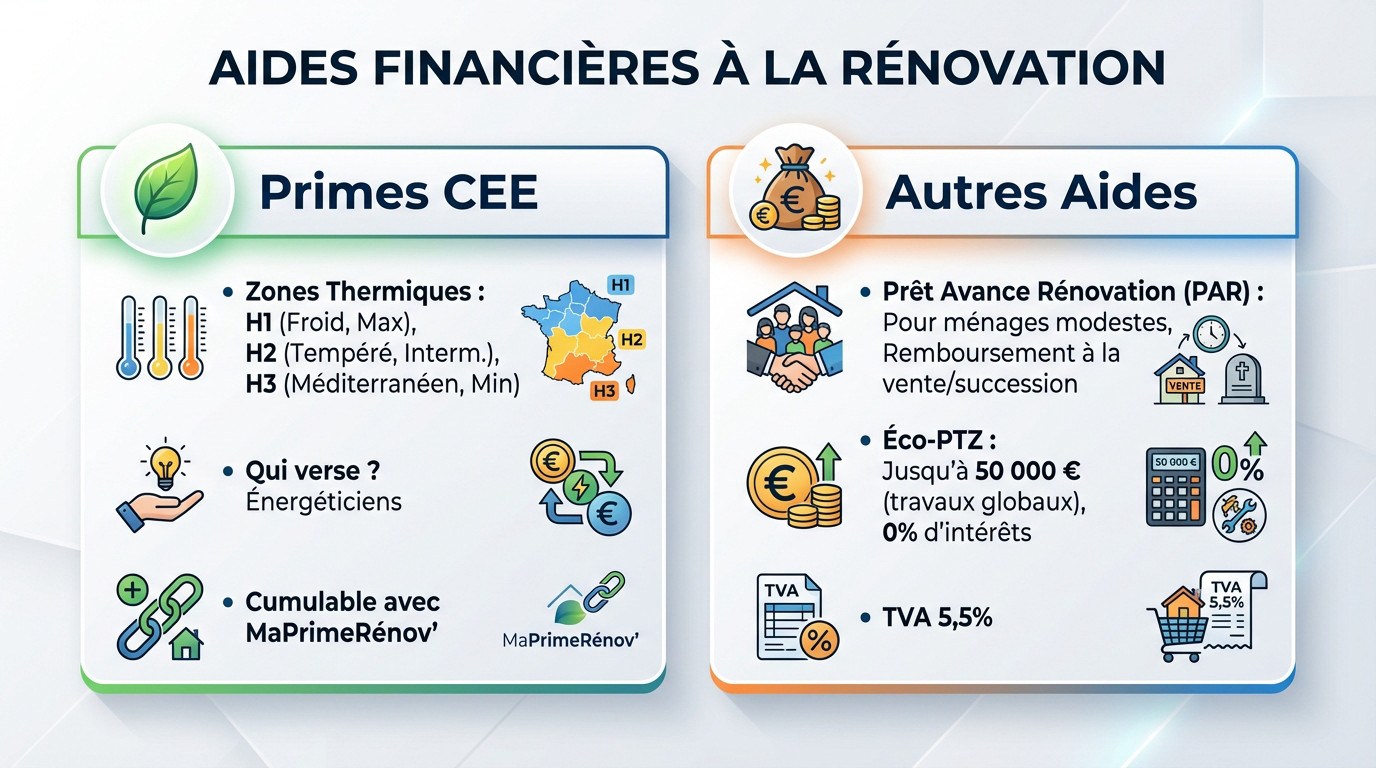 Schéma explicatif des aides financières pour la rénovation thermique et l'isolation extérieure